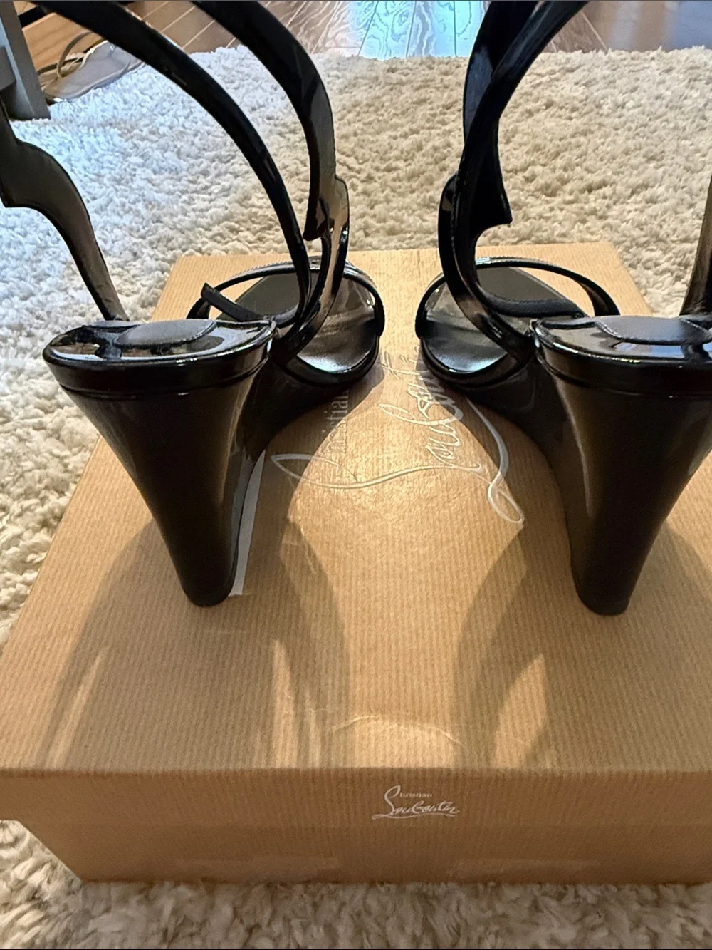 Christian Louboutin Black Patent Leather Open-Toe Slingback Heels
